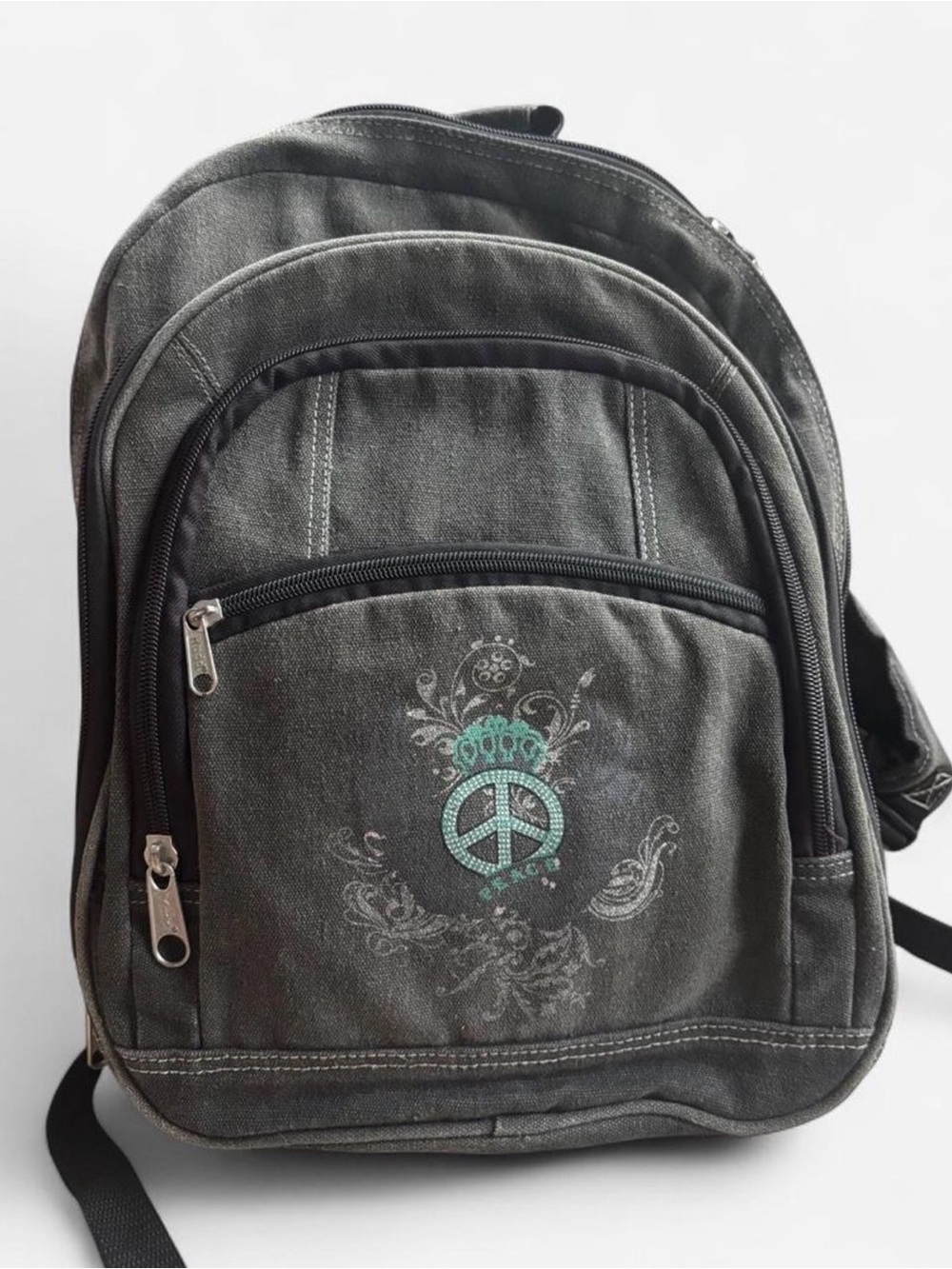 Vintage Y2K Mudd Grey Canvas Peace Sign Wings Backpack Bag Boho Grunge 2000s